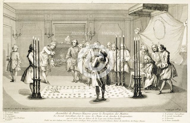 Assembly of Freemasons before the initiation of a master, c1733. Creator: Unknown.