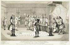 Assembly of Freemasons before the initiation of a master, c1733