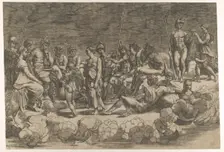 Assembly of the Gods after the ceiling composition in the Loggia di Psiche, Villa Farnesin..., 1527. Creator: Giovanni Jacopo Caraglio