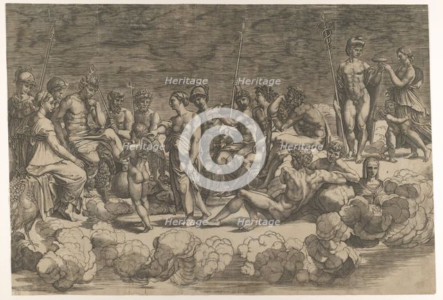 Assembly of the Gods after the ceiling composition in the Loggia di Psiche, Villa Farnesin..., 1527. Creator: Giovanni Jacopo Caraglio.