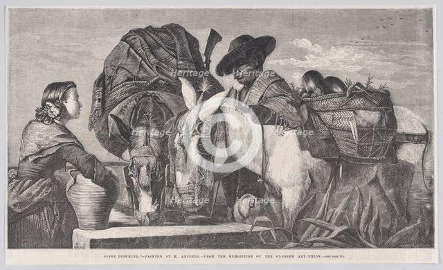 Asses Drinking, from "Illustrated London News", March 13, 1858. Creator: Henry Duff Linton.