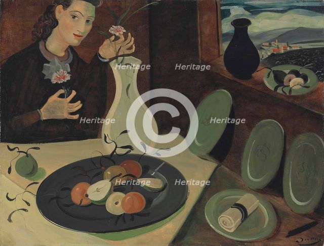 Assiette de fruits et femme disposant des fleurs dans un vase, c1947. Creator: Derain, Andrè (1880-1954).