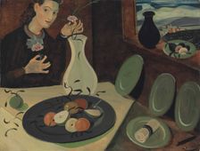 Assiette de fruits et femme disposant des fleurs dans un vase, c1947. Creator: Derain, Andrè (1880-1954)