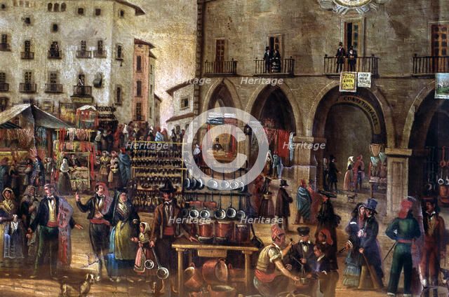 Assumption Fair in the Main Square of Manresa, detail of a painting by Marià Folch.