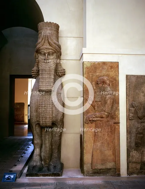 Assyrian sculpture of a human-headed winged bull at the palace gateway, Khorsabad, 8th century BC. Artist: Unknown