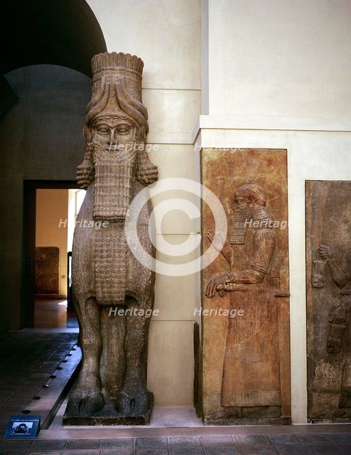 Assyrian sculpture of a human-headed winged bull at the palace gateway, Khorsabad, 8th century BC. Artist: Unknown