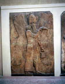 Assyrian relief of a winged genie with a bucket & a cedar cone, Khorsabad, 8th century BC