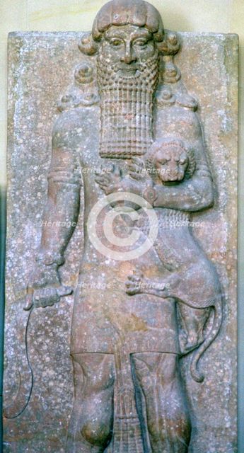 Assyrian relief of Gilgamesh and a lion. Artist: Unknown