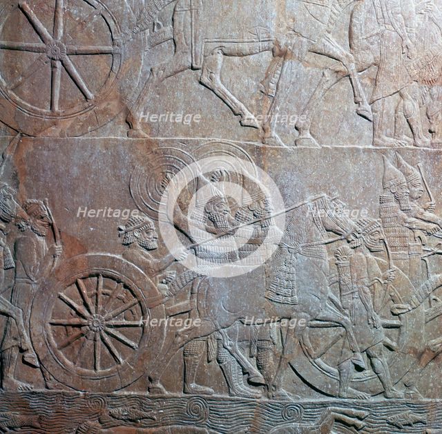 Assyrian relief showing Assyrian chariot at battle of the river Ulai, 7th century. Artist: Unknown