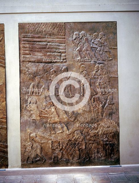 Assyrian relief showing transport of timber by land, Khorsabad, c8th century BC. Artist: Unknown