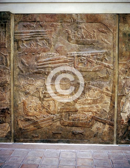 Assyrian relief showing transport of timber from Lebanon by water, Khorsabad, c8th centBC. Artist: Unknown