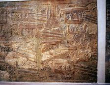 Assyrian relief showing transport of timber from Lebanon by water, Khorsabad, c8th century BC