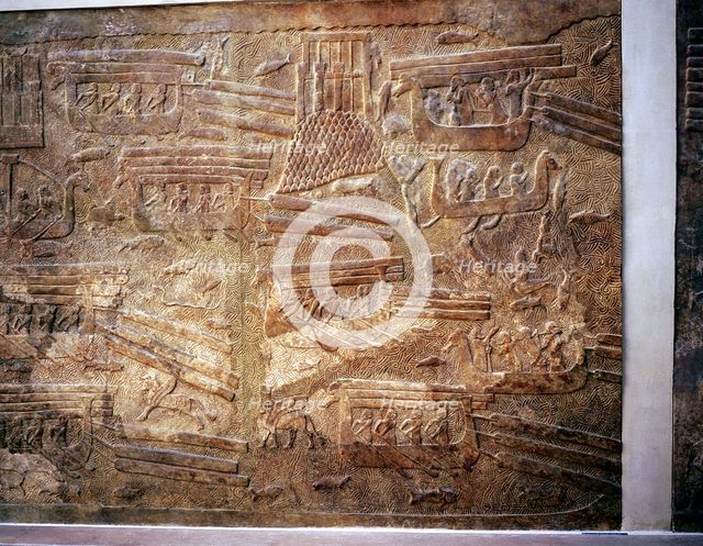 Assyrian relief showing transport of timber from Lebanon by water, Khorsabad, c8th century BC. Artist: Unknown