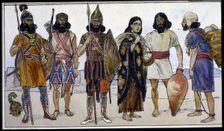 Assyrian warriors alongside slaves, 1900. Creator: Tilke, Max (1869- 1942)