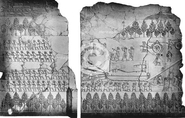 Assyrians moving a winged bull, c7th century BC, (c1900-1920).Artist: Sir Austen Henry Layard