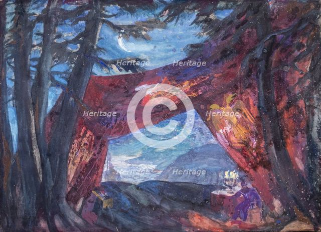 At a camp near the riverside. Stage design for the opera The Pskov Maiden by N.... 1932. Creator: Fyodor Fyodorovsky.