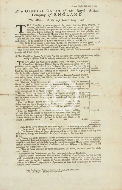 At a General Court of the Adventurers of the Royal African Company of England, 1744-02-28. Creator: Unknown.