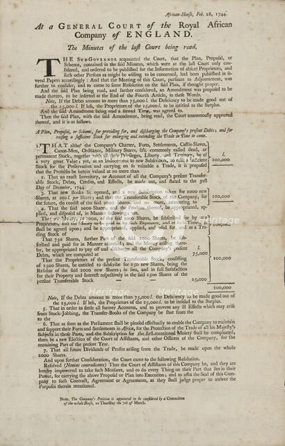At a General Court of the Adventurers of the Royal African Company of England, 1744-02-28. Creator: Unknown.