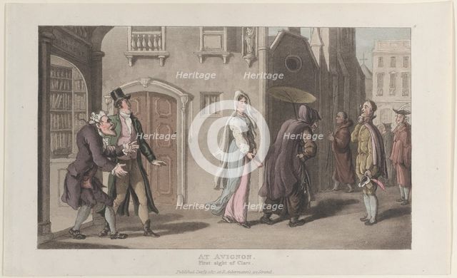 At Avignon, First Sight of Clara, from "Journal of Sentimental Travels in the ..., December 1, 1817. Creator: Thomas Rowlandson.