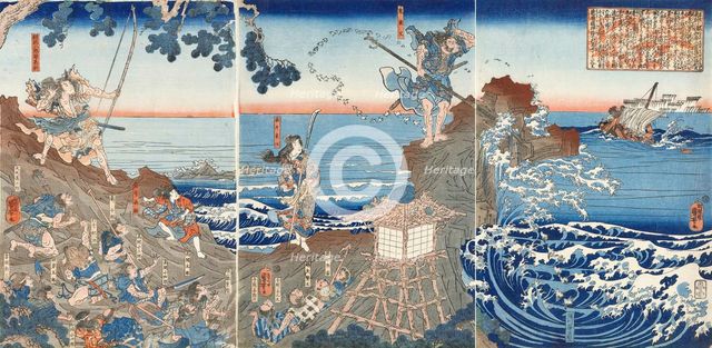 At Izu no Oshima, Chinzei Hachiro Tametomo Shoots an Enemy Warship with an Arrow, c1843.