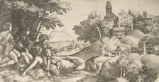 At left four shepherds with musical instruments seated under a group of trees..., ca. 1517. Creators: Giulio Campagnola, Domenico Campagnola