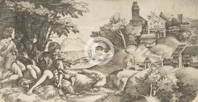 At left four shepherds with musical instruments seated under a group of trees..., ca. 1517. Creators: Giulio Campagnola, Domenico Campagnola.