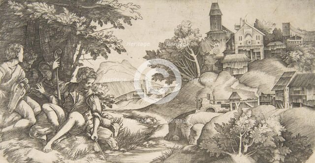 At left four shepherds with musical instruments seated under a group of trees..., ca. 1517. Creators: Giulio Campagnola, Domenico Campagnola.