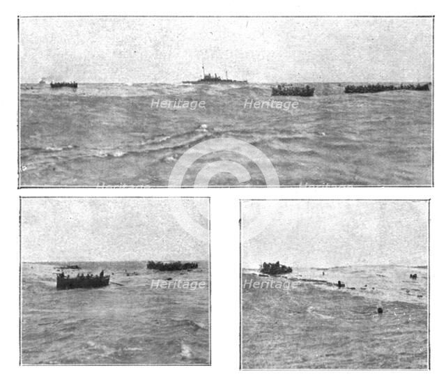 At sea; Amid the lifeboatds, rafts and swimmers, a French gunboat arrives..., 1917. Creator: Unknown.