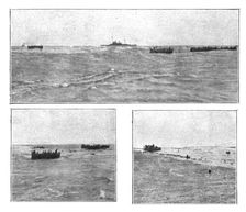 At sea; Amid the lifeboatds, rafts and swimmers, a French gunboat arrives..., 1917. Creator: Unknown