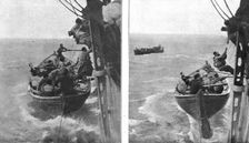 At sea; Shipwreck survivors hoist themselves aboard the lifeboat 1917. Creator: Unknown