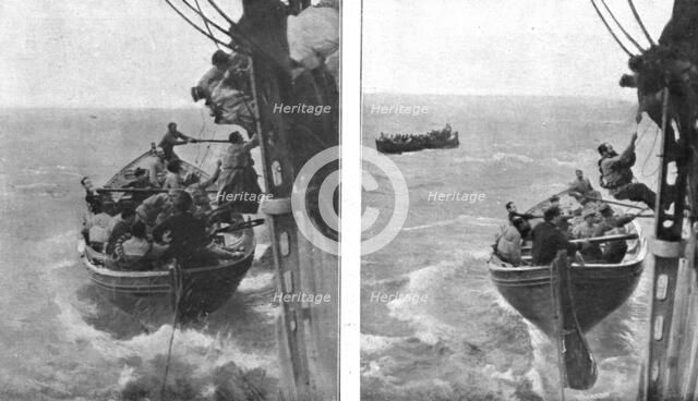 At sea; Shipwreck survivors hoist themselves aboard the lifeboat', 1917. Creator: Unknown.