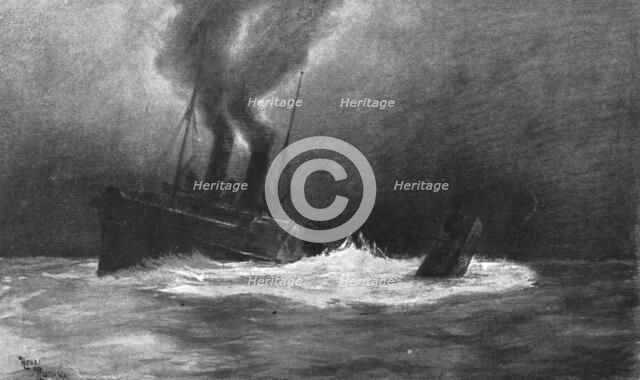 At sea; The English paddle steamer "Monas-Queen" crushes under its port ..., 1917. Creator: Henri Rudaux.