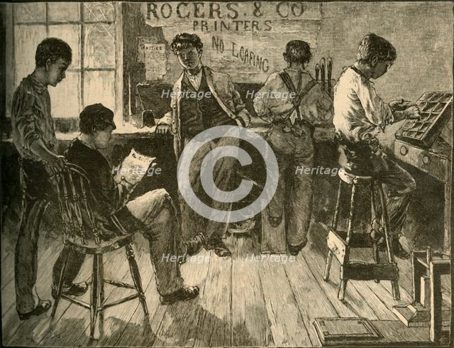 'At Work in the Printing-Office', 1881. Creator: Unknown.