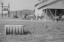 At the cotton gin, Cotton gin and wagons, Hale County, Alabama, 1936. Creator: Walker Evans