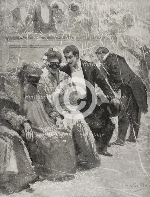 At the dance - carnival scene at the Baile del Real, Madrid, Spain 1898.  Creator: Enrique Laporta Valor.
