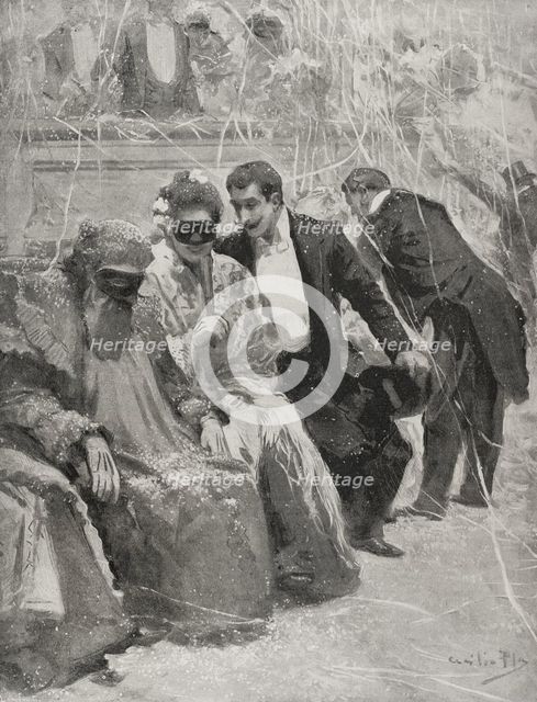 At the dance - carnival scene at the Baile del Real, Madrid, Spain 1898.  Creator: Enrique Laporta Valor.