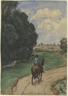 At the edge of the forest. Horseman on a path, facing into the picture, 1887. Creator: Hans Thoma