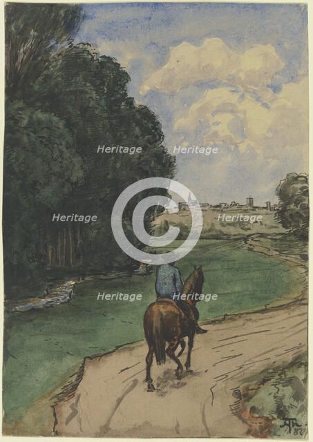 At the edge of the forest. Horseman on a path, facing into the picture, 1887. Creator: Hans Thoma.