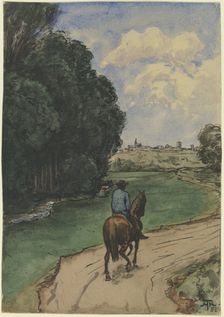 At the edge of the forest. Horseman on a path, facing into the picture, 1887. Creator: Hans Thoma