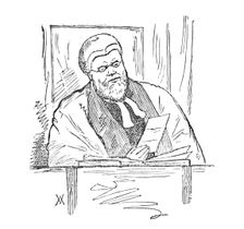 At the Galway Assizes: Baron Dowse reading threatening letter, 1881. Creator: Wallis Mackay