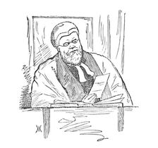 At the Galway Assizes: Baron Dowse reading threatening letter, 1881. Creator: Wallis Mackay