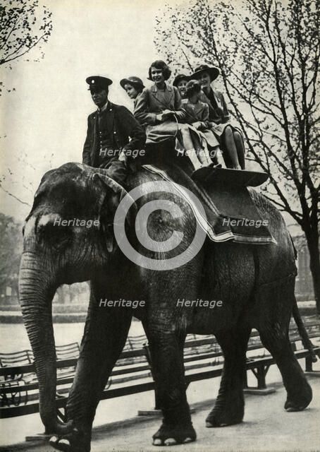 'At the London Zoo - enjoying a ride on an elephant', 1939, (1947).  Creator: Unknown.