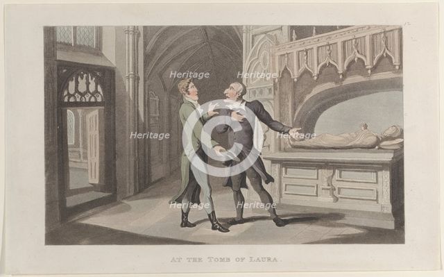 At the Tomb of Laura, from "Journal of Sentimental Travels in the Southern Provinces of..., 1817-21. Creator: Thomas Rowlandson.