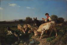 At the watering place. Pastoral scene. Midday. Group of goats and children, 1867. Creator: Palizzi, Filippo (1818-1899)