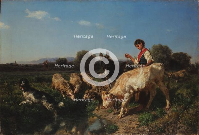At the watering place. Pastoral scene. Midday. Group of goats and children, 1867. Creator: Palizzi, Filippo (1818-1899).