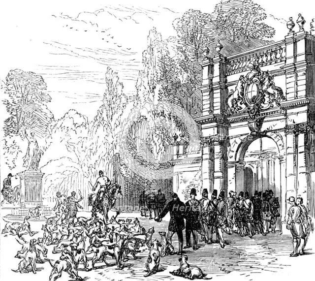 At Trentham: inspecting a pack of English foxhounds, 1873. Creator: Unknown.