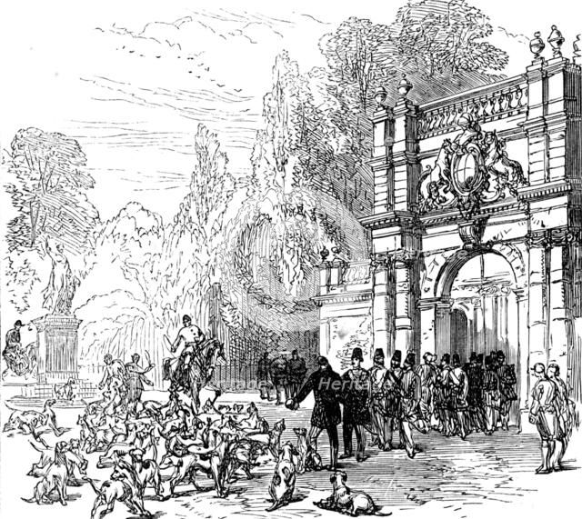 At Trentham: inspecting a pack of English foxhounds, 1873. Creator: Unknown.