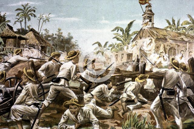Attack of the Tagalogs to fort Baler in the Philippines, defended by Spanish troops in June 1899,…