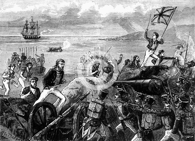 'Attack of the Blue-Jackets on Port Jacotel', c1891. Creator: James Grant.