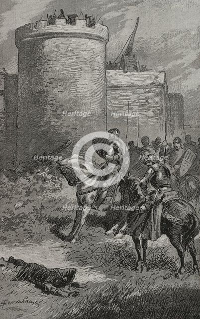 Attack of the castle of Gironella by the Count of Pallars, 15th century, (1890).  Creator: Joan Serra y Pausas.
